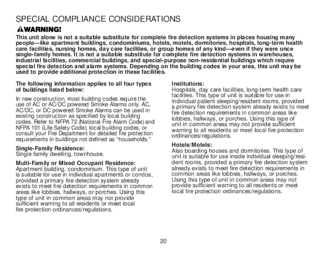 BRK electronic 4120 AC, 4120SB Special Compliance Considerations, Single-Family Residence, Institutions, Hotels/Motels 