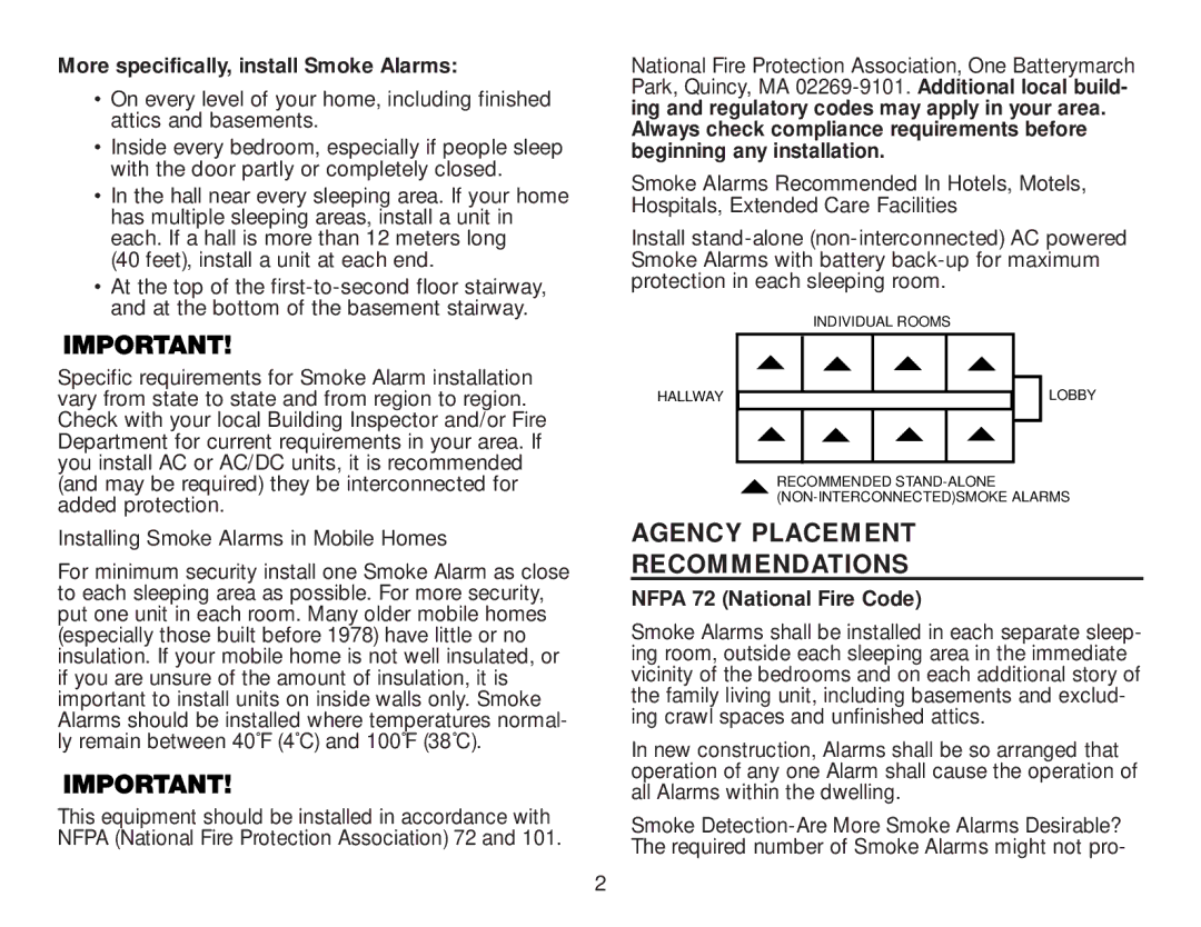 BRK electronic 4120 AC, 4120SB user manual Agency Placement Recommendations, More specifically, install Smoke Alarms 