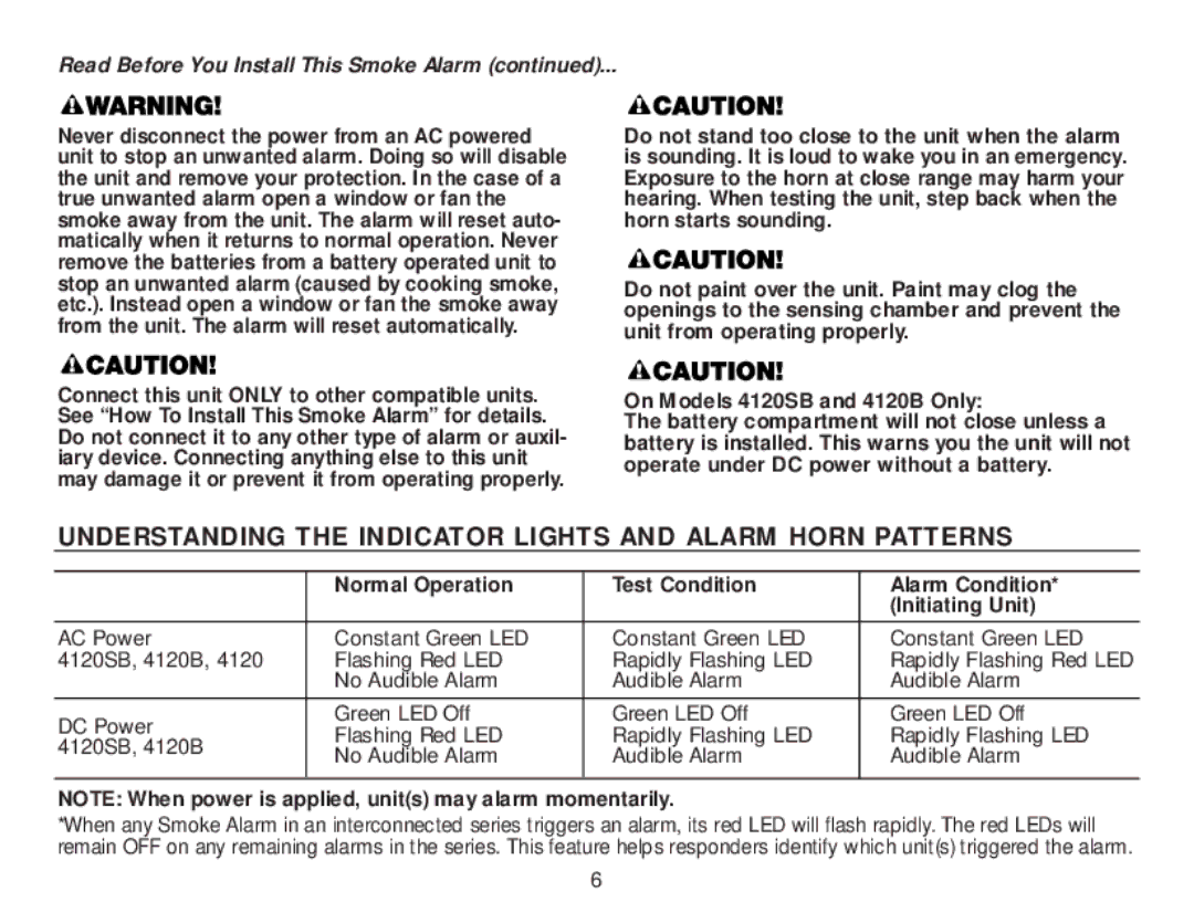 BRK electronic 4120 AC, 4120SB user manual Understanding the Indicator Lights and Alarm Horn Patterns 