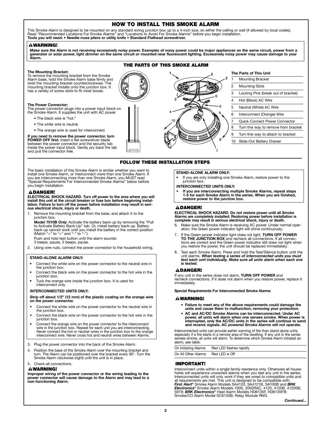 BRK electronic 7010B HOW to Install this Smoke Alarm, Parts of this Smoke Alarm, Follow These Installation Steps 