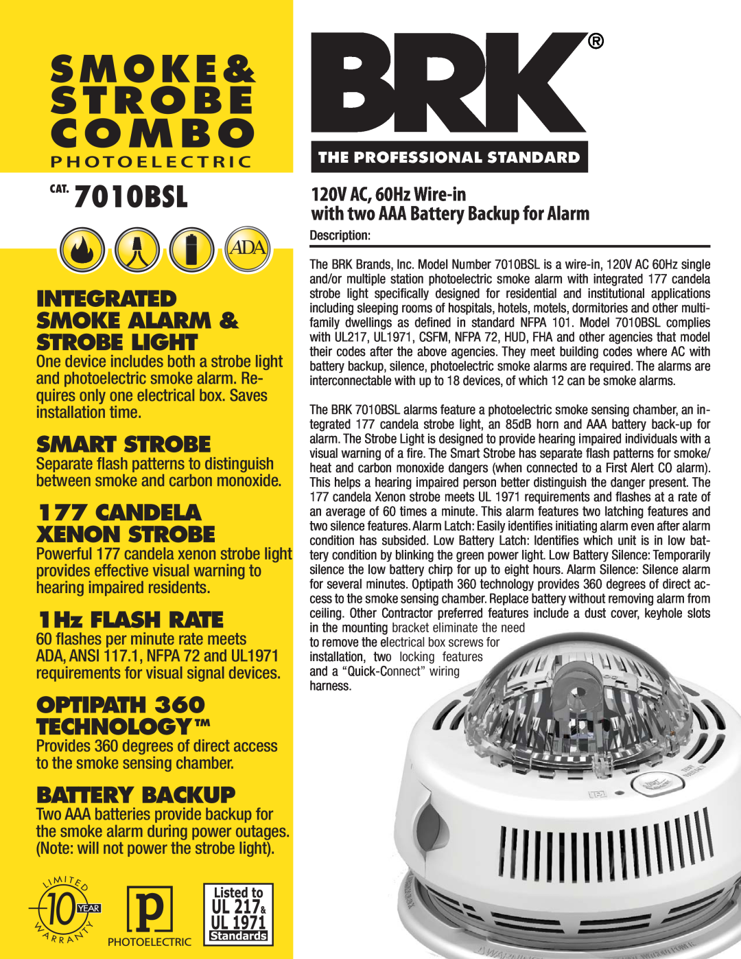 BRK electronic manual CAT. 7010BSL, C O M B O, S M O K E & S T R O B E, Integrated Smoke Alarm & Strobe Light 