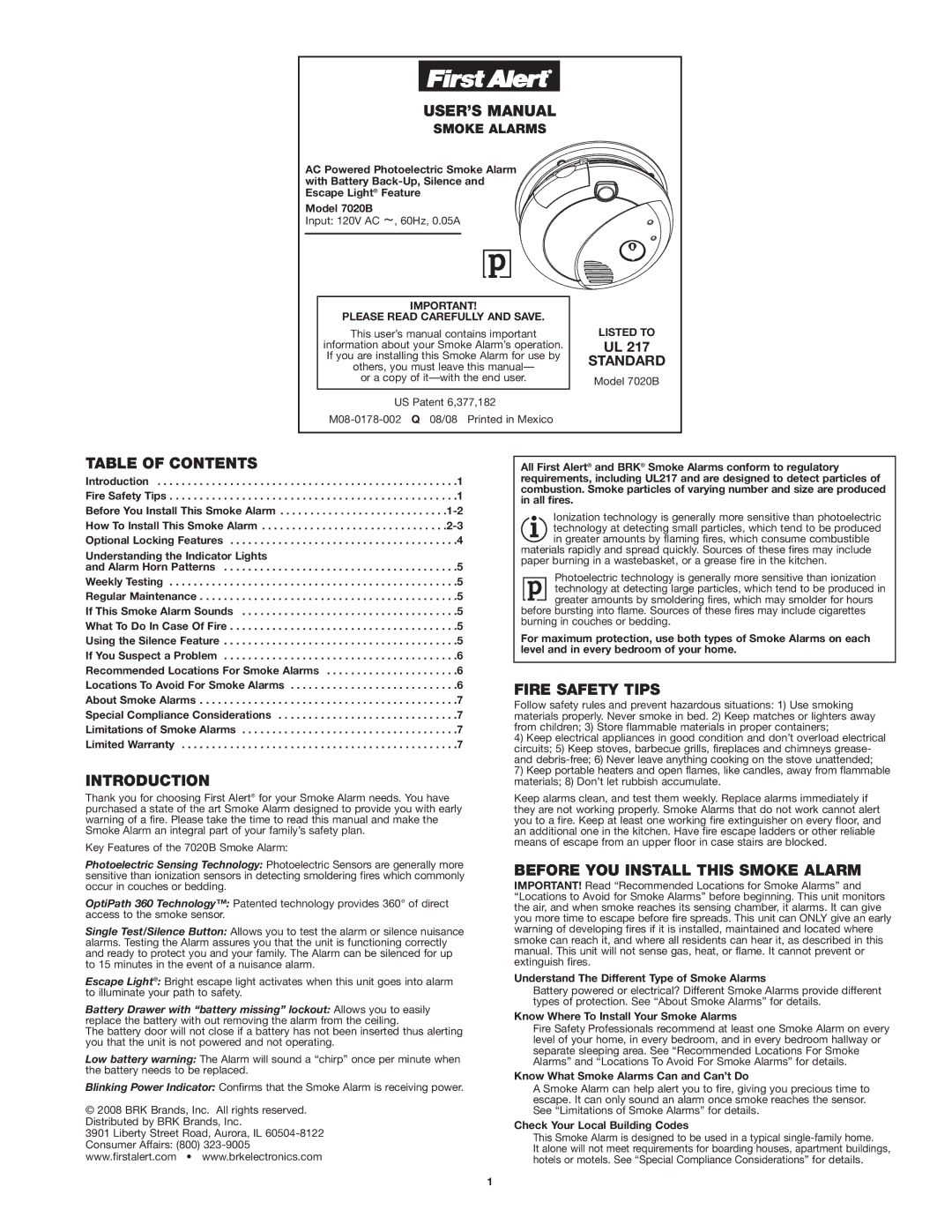 BRK electronic 7020B user manual USER’S Manual, Table of Contents, Introduction, Fire Safety Tips 