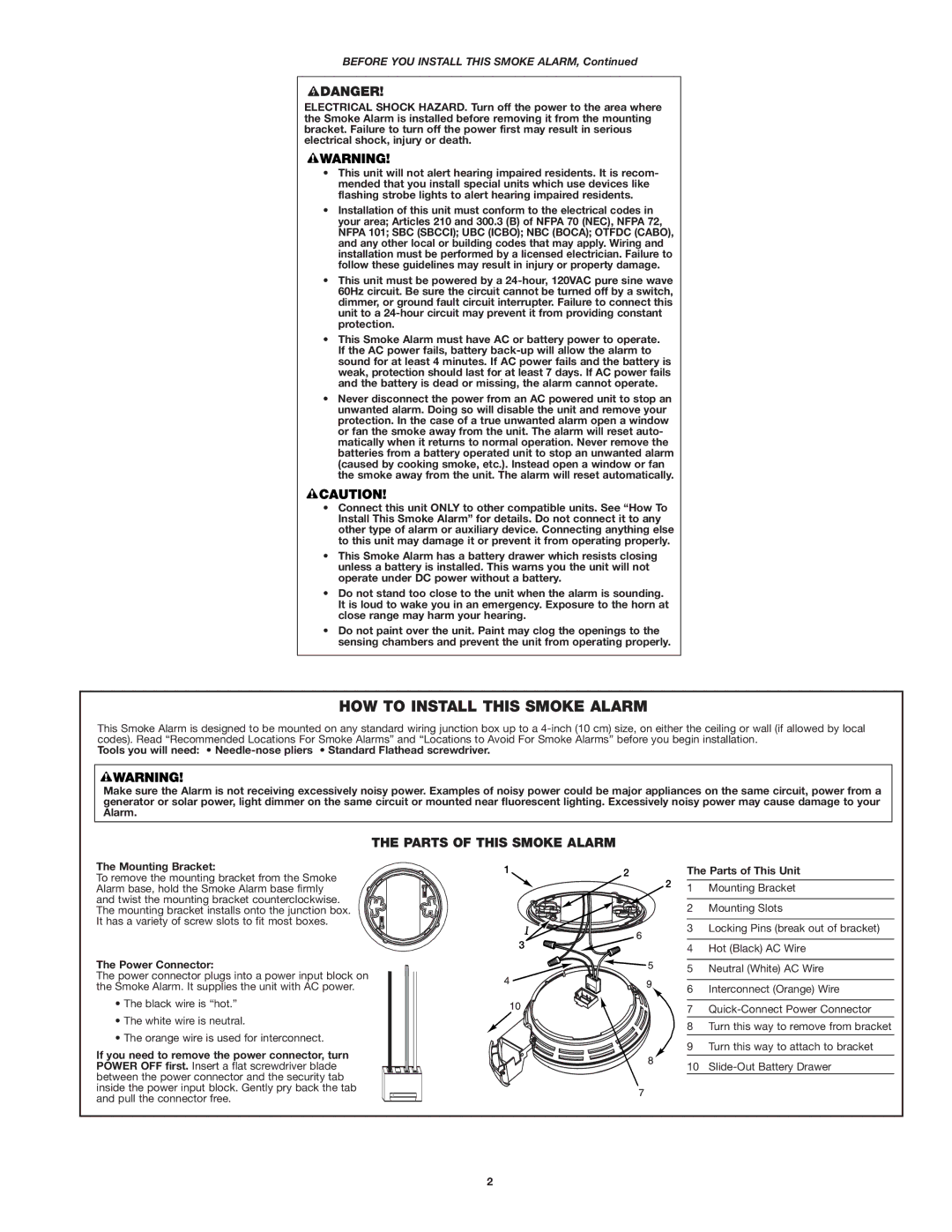 BRK electronic 7020B HOW to Install this Smoke Alarm, Parts of this Smoke Alarm, Mounting Bracket, Power Connector 