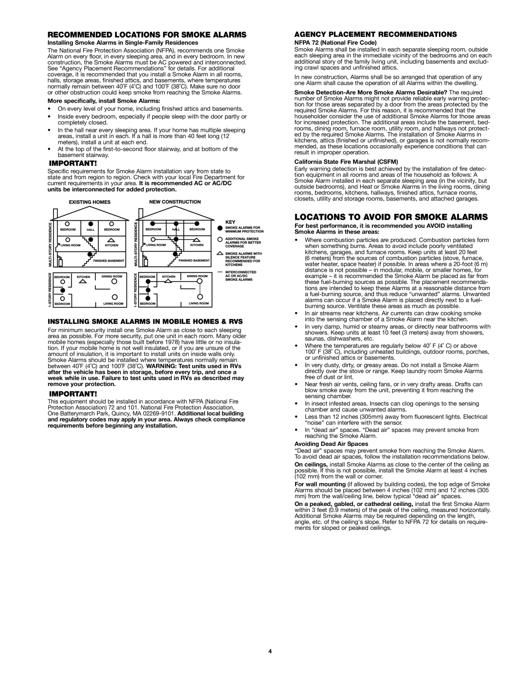 BRK electronic 83R, SA67B user manual Locations to Avoid for Smoke Alarms, Installing Smoke Alarms in Mobile Homes & RVS 