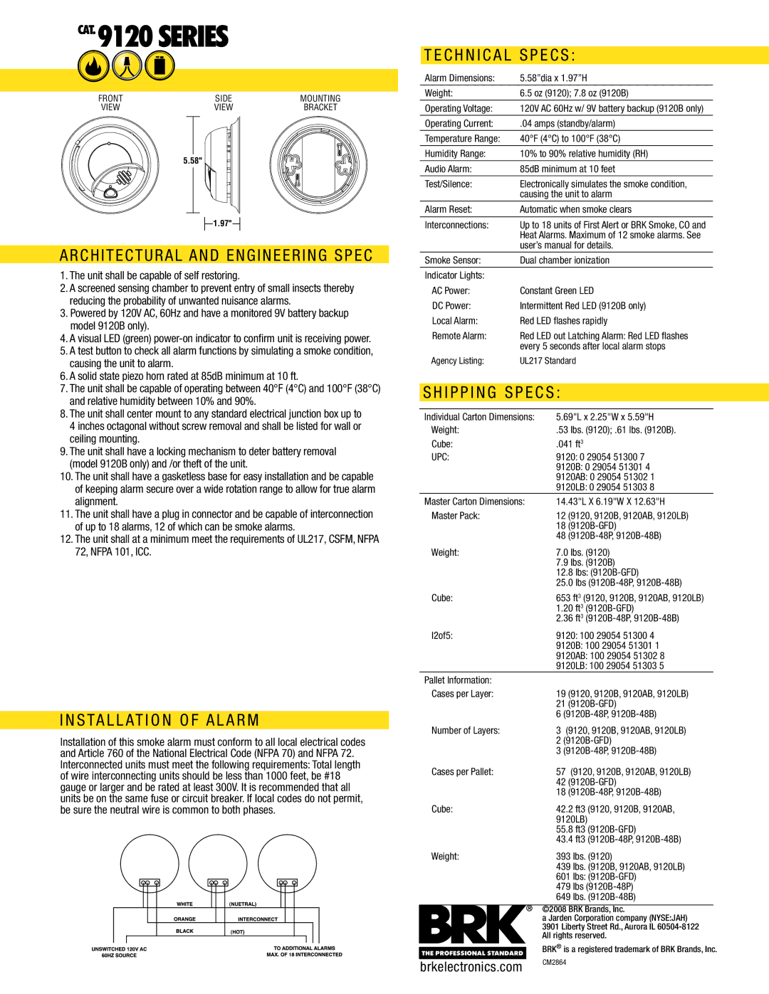 BRK electronic 9120 Series manual Architectural and Engineering Spec, S TA L L AT I O N O F Alarm, C H N I C a L S P E C S 