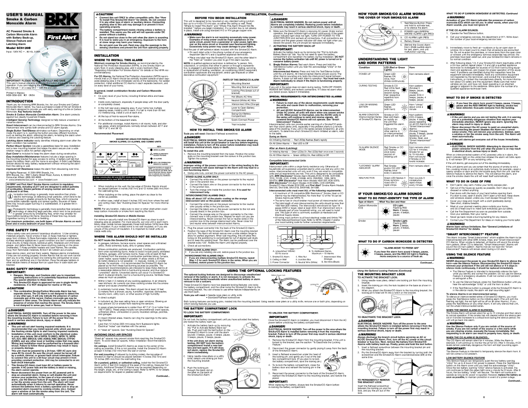 BRK electronic 9120B user manual HOW Your SMOKE/CO Alarm Works, Installation, Understanding the Light Horn Patterns 