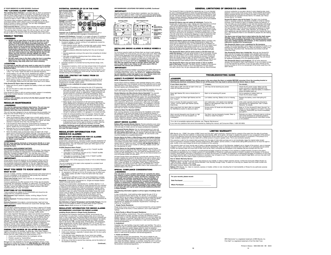 BRK electronic SC9120B General Limitations of SMOKE/CO Alarms, Weekly Testing, Regular Maintenance, Troubleshooting Guide 