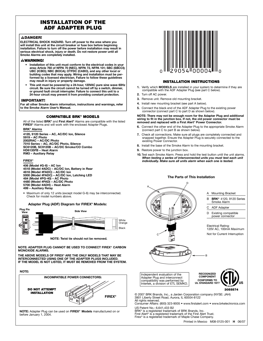 BRK electronic ADF Adapter installation instructions Installation Of The Adf Adapter Plug, Compatible Brk Models, Firex 