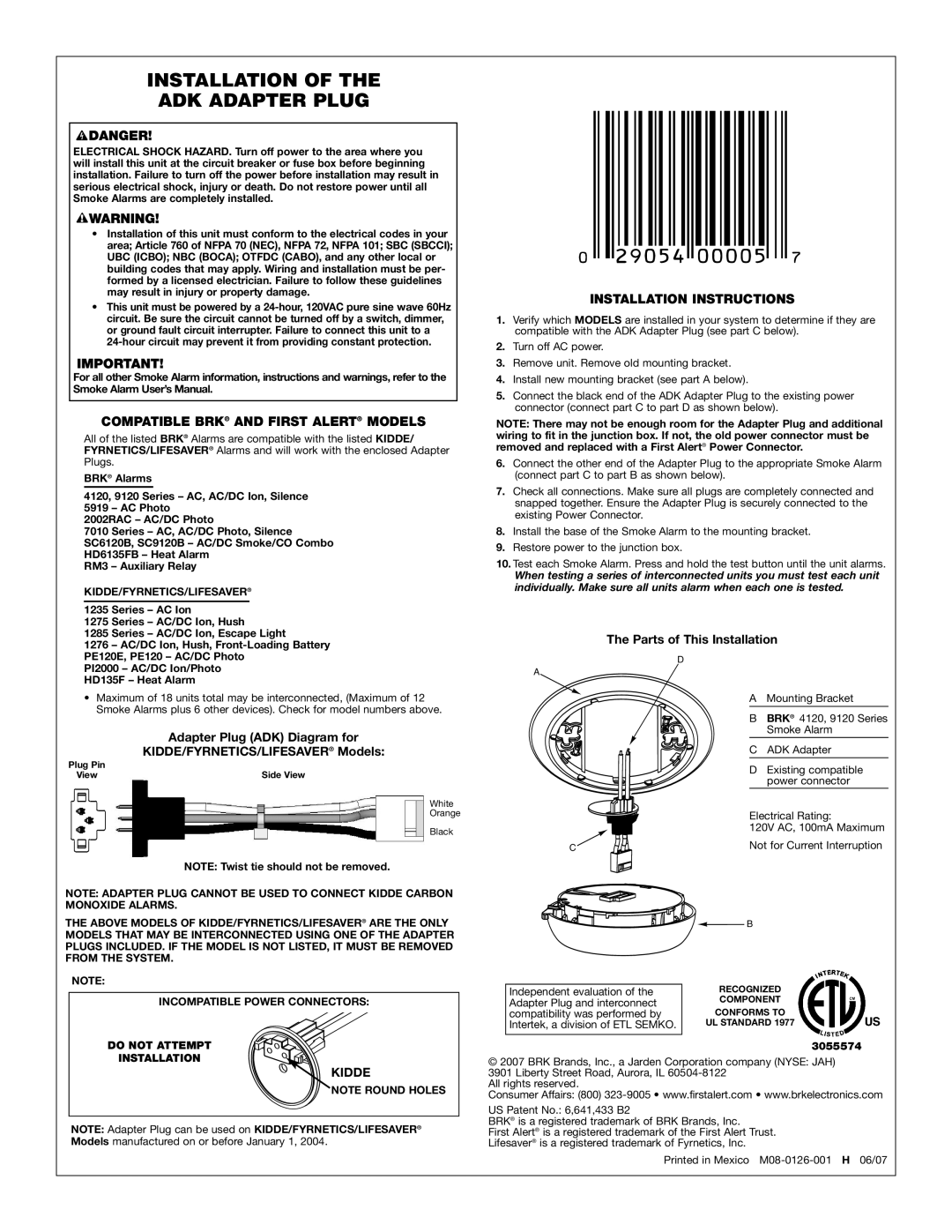 BRK electronic ADK-12 installation instructions Installation ADK Adapter Plug, Compatible BRK and First Alert Models 