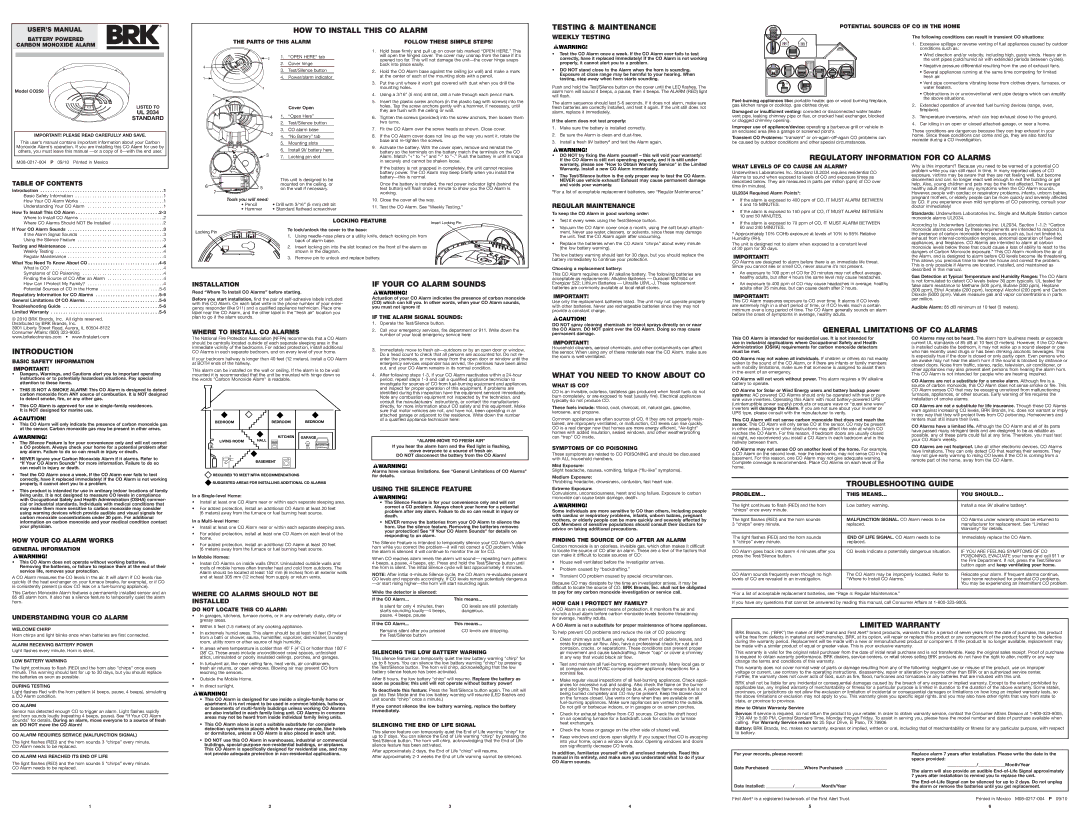 BRK electronic C O250 user manual HOW to Install this CO Alarm, Testing & Maintenance, If Your CO Alarm Sounds 