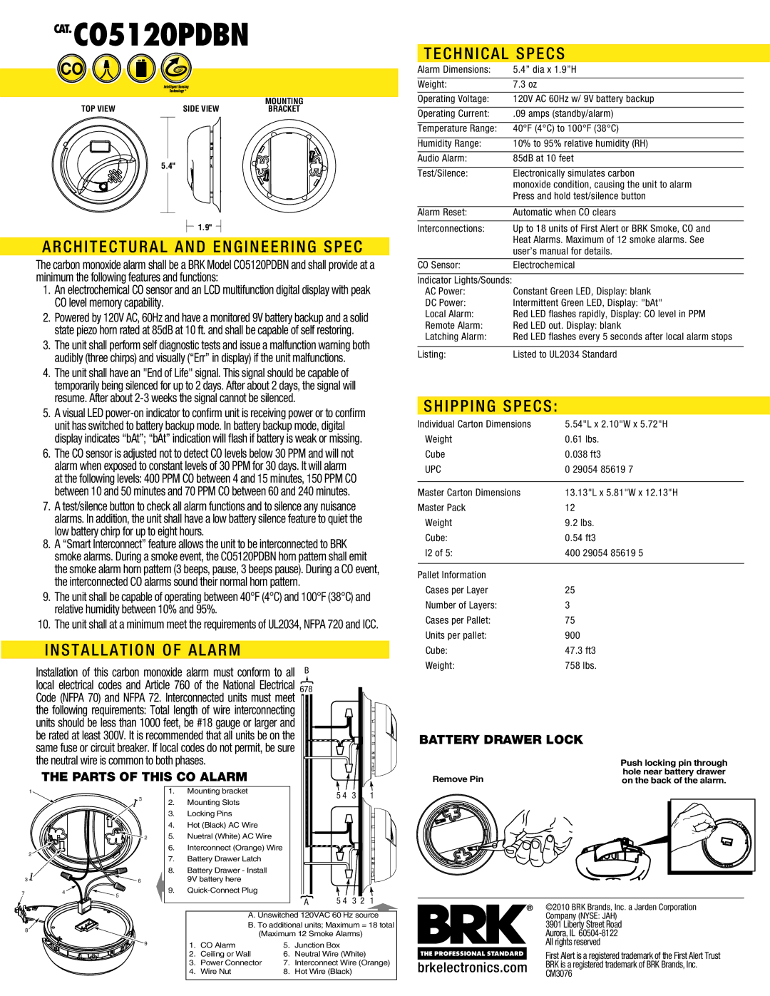 BRK electronic C05120PDBN manual Architectural and Engineering Spec, Installation of Alarm, Technical Specs, Shipping Specs 