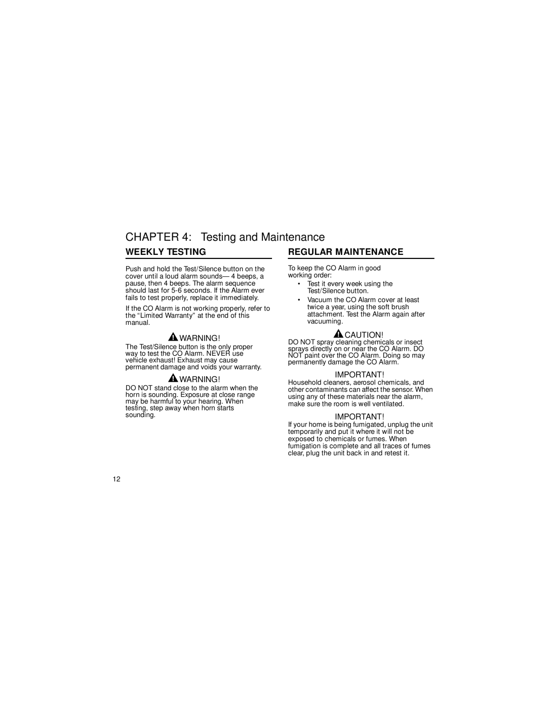 BRK electronic CO2120PDN user manual Testing and Maintenance, Weekly Testing, Regular Maintenance 