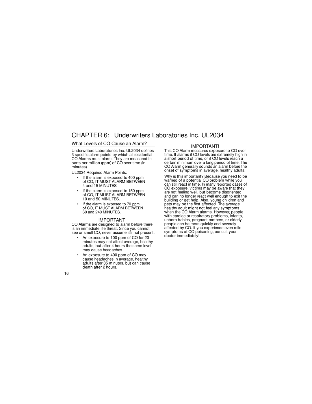 BRK electronic CO2120PDN user manual Underwriters Laboratories Inc. UL2034, What Levels of CO Cause an Alarm? 