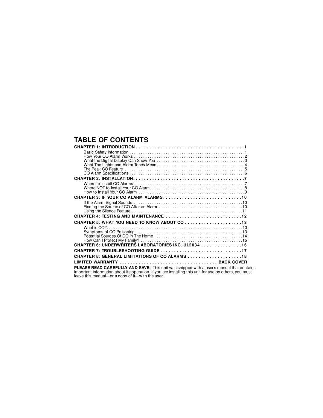 BRK electronic CO2120PDN user manual Table of Contents 