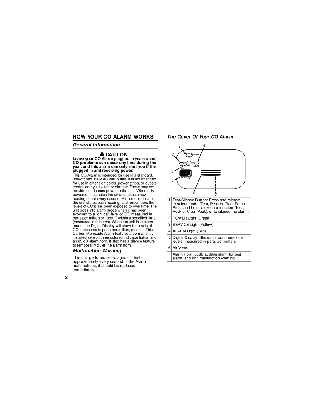 BRK electronic CO2120PDN HOW Your CO Alarm Works, General Information, Malfunction Warning, Cover Of Your CO Alarm 