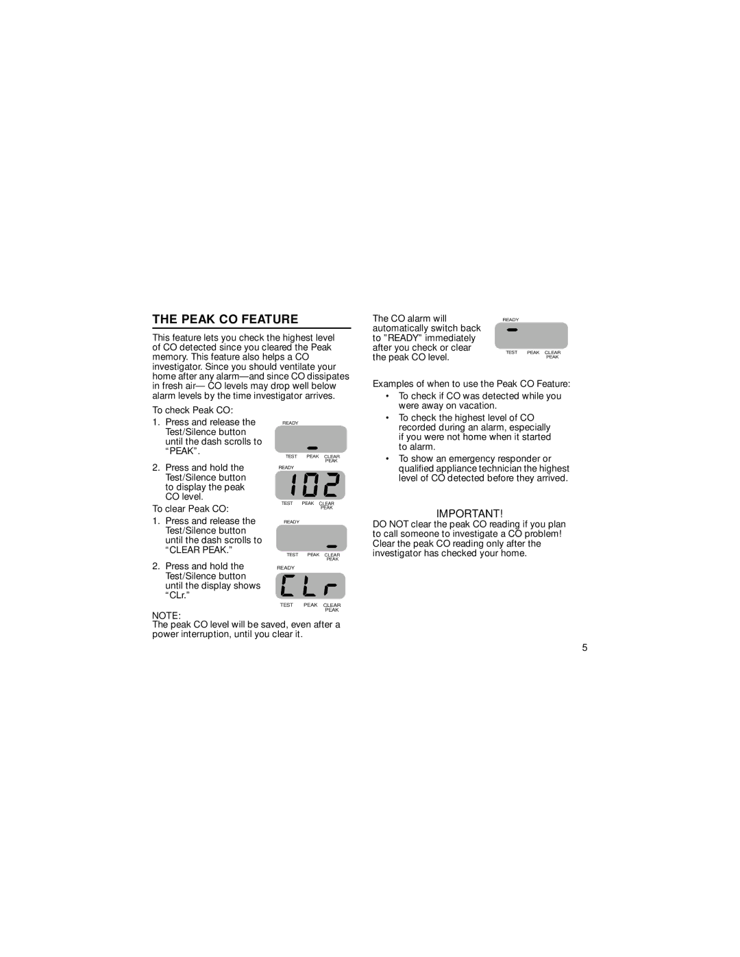 BRK electronic CO2120PDN user manual Peak CO Feature, To check Peak CO 