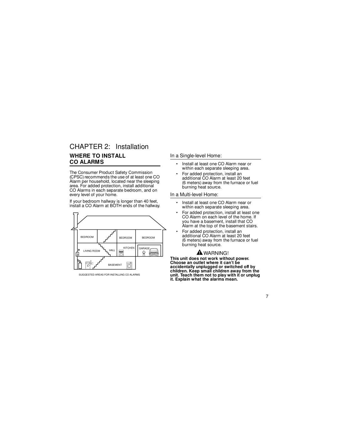 BRK electronic CO2120PDN user manual Installation, Where to Install CO Alarms, A Single-level Home, A Multi-level Home 