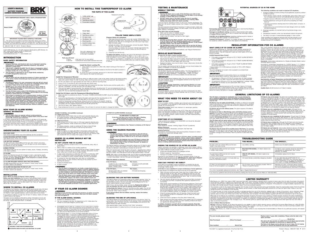 BRK electronic CO250 user manual HOW to Install this Tamperproof CO Alarm, Testing & Maintenance, Introduction 