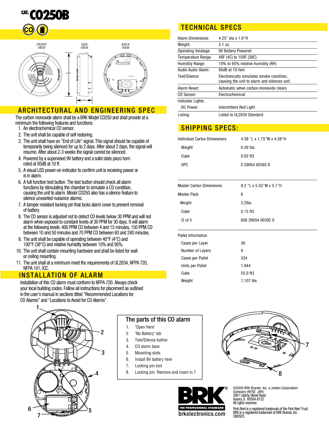 BRK electronic CO250B manual Architectural and Engineering Spec, Installation of Alarm, Technical Specs, Shipping Specs 