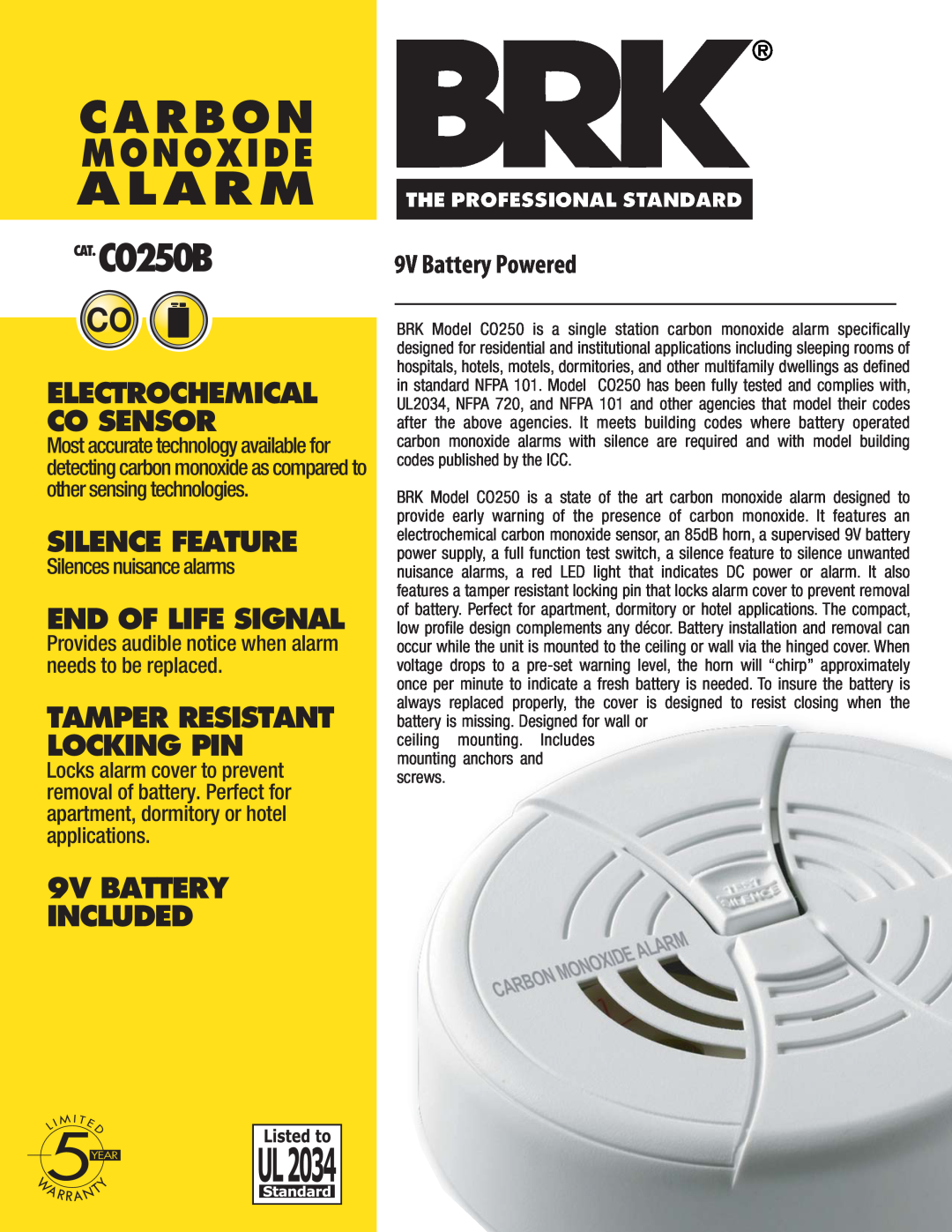 BRK electronic manual Alarm, Carbon, Monoxide, CAT.CO250B, Silence Feature, End Of Life Signal, 9V BATTERY INCLUDED 