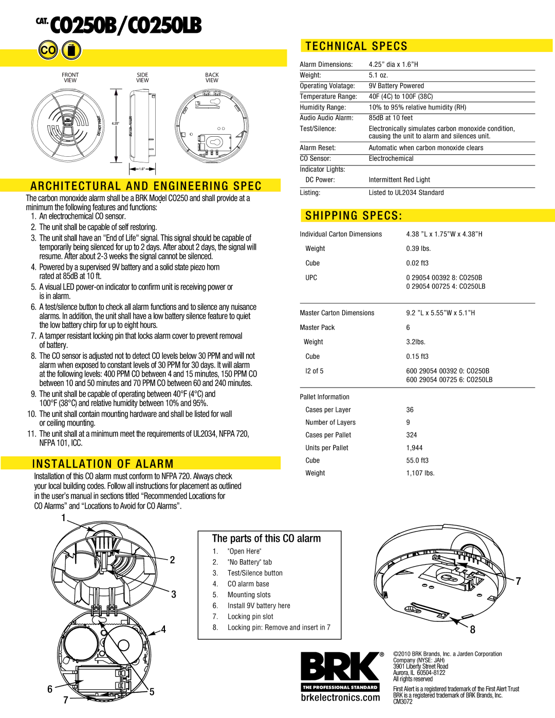 BRK electronic CO250LB manual Architectural and Engineering Spec, Installation of Alarm, Technical Specs, Shipping Specs 