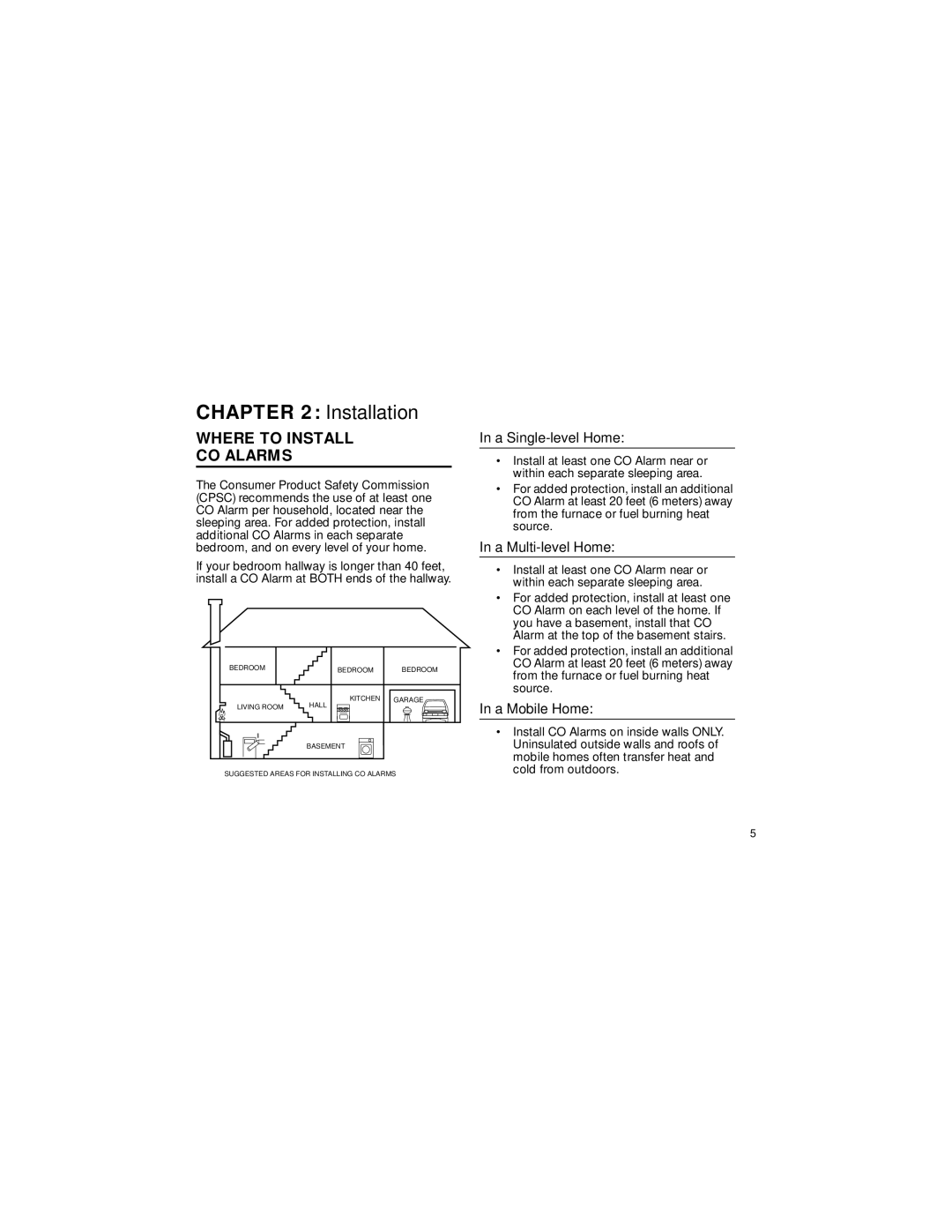 BRK electronic CO3000BN Installation, Where to Install CO Alarms, A Single-level Home, A Multi-level Home, A Mobile Home 