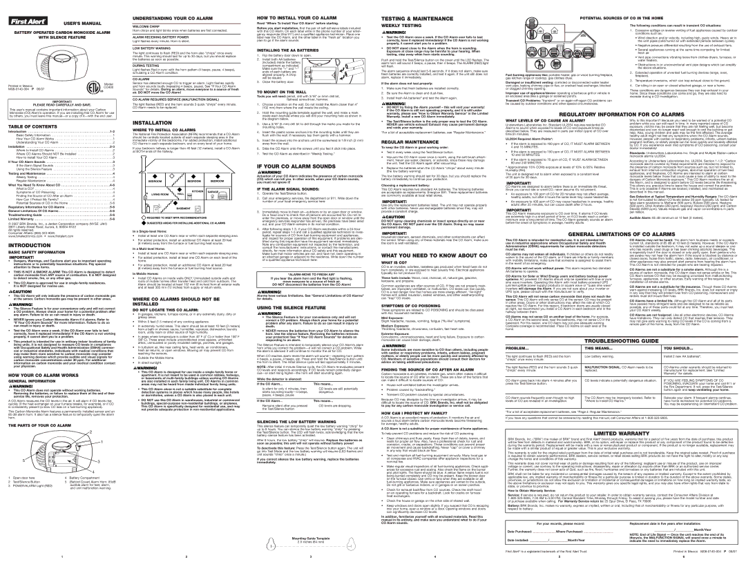 BRK electronic CO400 user manual Testing & Maintenance, Regulatory Information for CO Alarms Installation, Introduction 