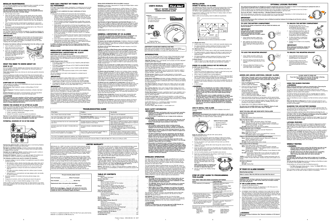 BRK electronic CO511 user manual Regular Maintenance, HOW can I Protect MY Family from CO POISONING?, USER’S Manual 