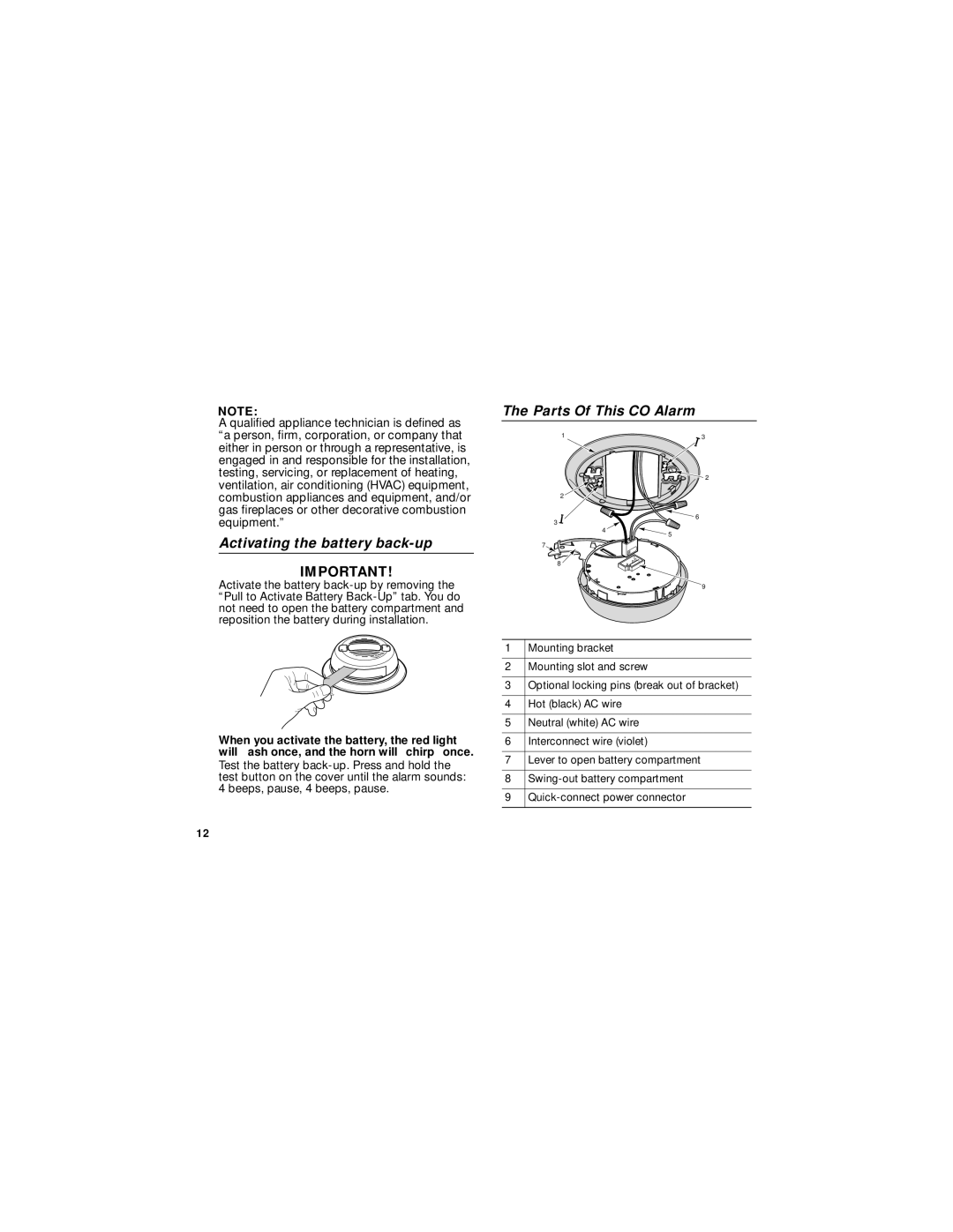 BRK electronic CO5120B user manual Activating the battery back-up, Parts Of This CO Alarm 