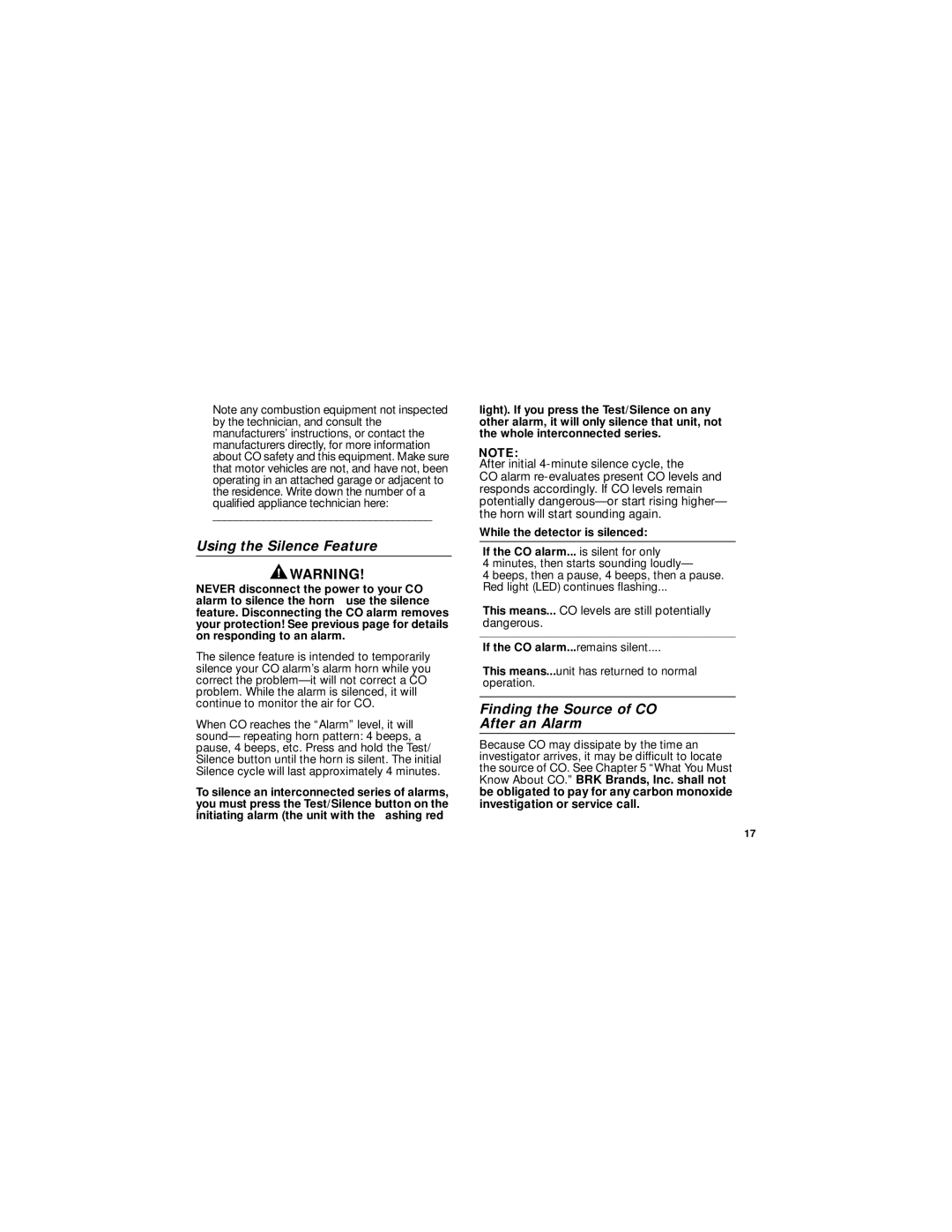 BRK electronic CO5120B user manual Using the Silence Feature, Finding the Source of CO After an Alarm 