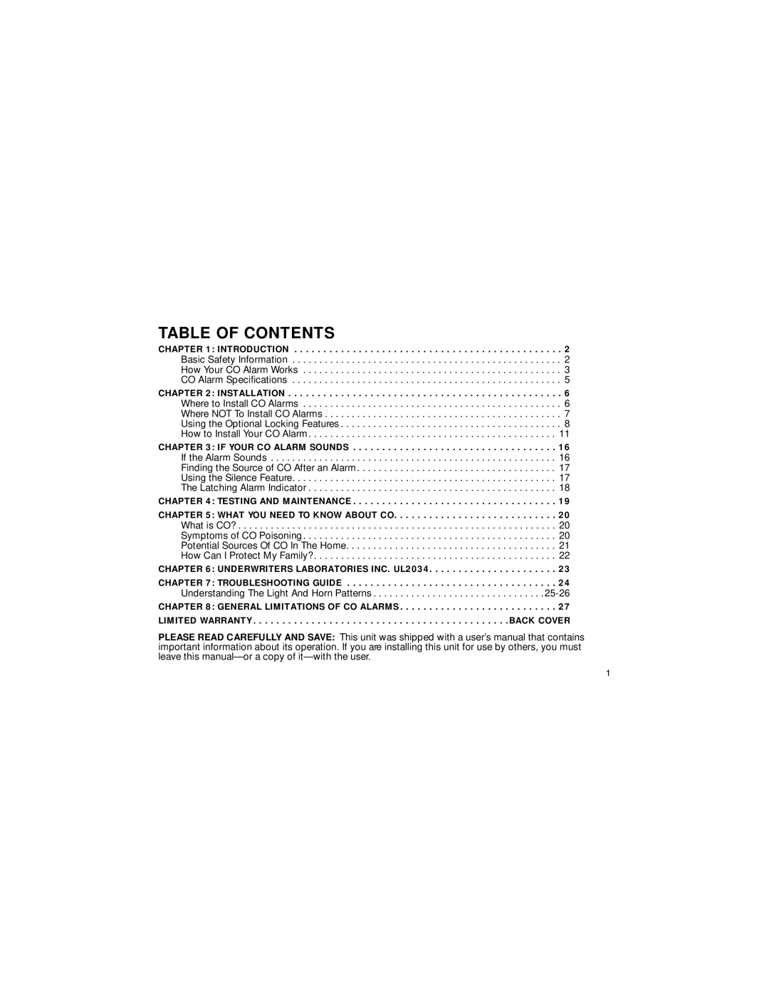 BRK electronic CO5120B user manual Table of Contents 