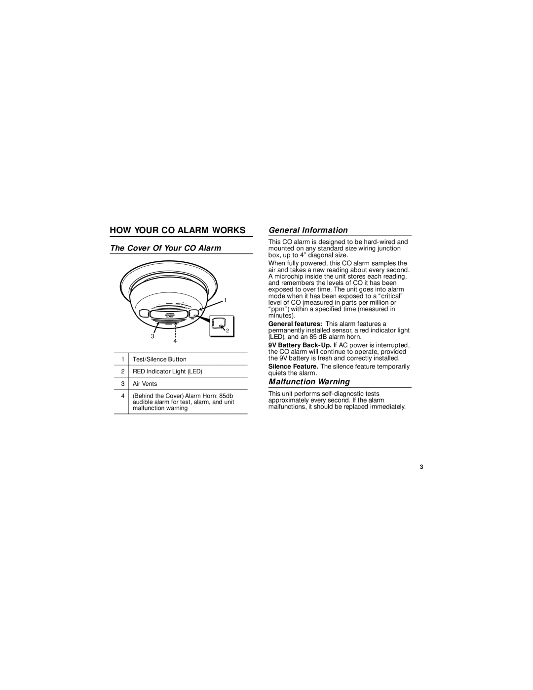 BRK electronic CO5120B HOW Your CO Alarm Works, Cover Of Your CO Alarm, General Information, Malfunction Warning 