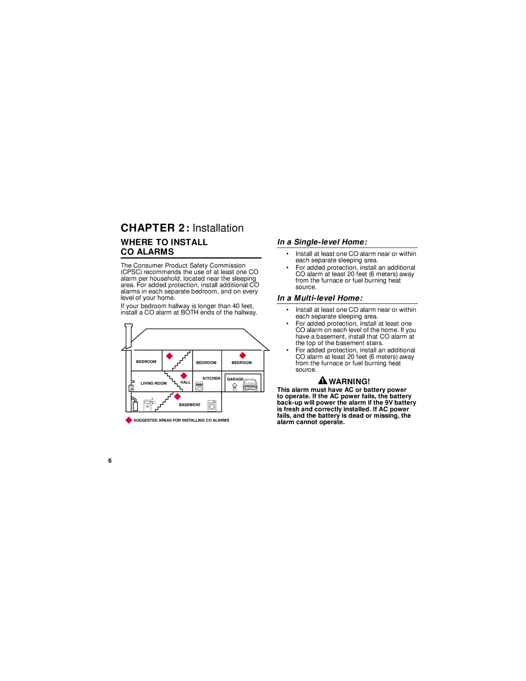 BRK electronic CO5120B user manual Installation, Where to Install CO Alarms, A Single-level Home, A Multi-level Home 