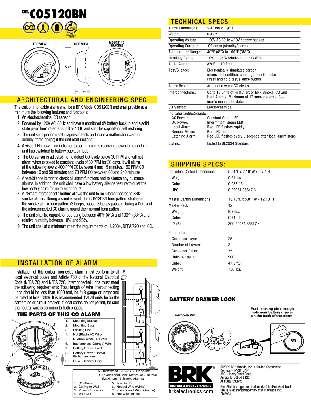 BRK electronic CO5120BN manual Architectural and Engineering Spec, Installation of Alarm, Technical Specs, Shipping Specs 