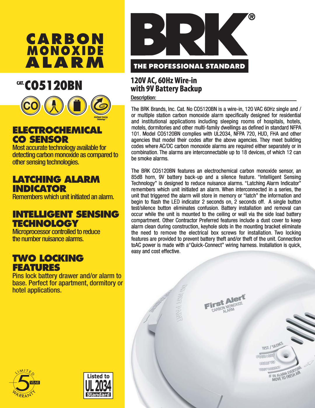 BRK electronic manual Carbon, Monoxide, CAT.CO5120BN, Latching Alarm Indicator, Intelligent Sensing Technology 