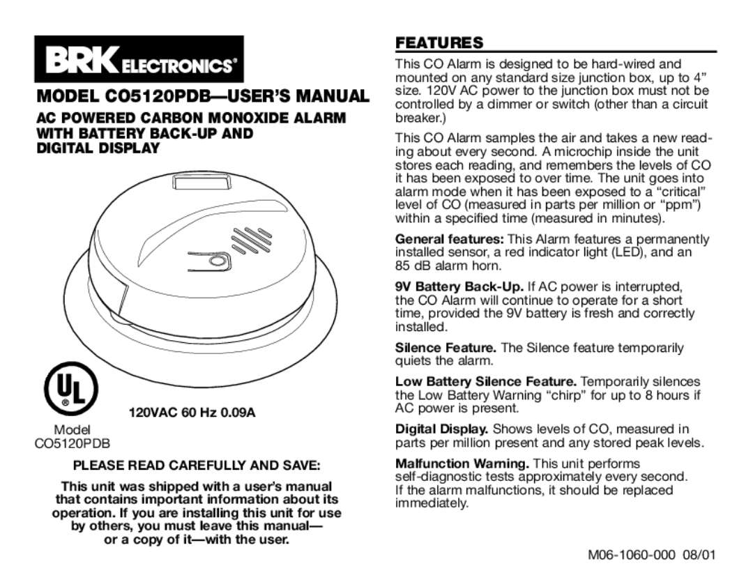 BRK electronic user manual Model CO5120PDB-USER’S Manual, Features, 120VAC 60 Hz 0.09A, Please Read Carefully and Save 