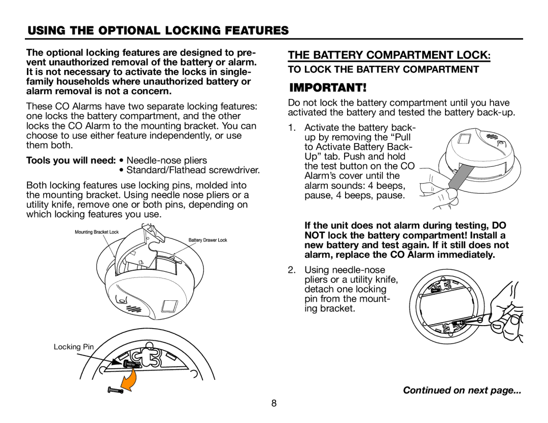 BRK electronic CO5120PDB Using the Optional Locking Features, Battery Compartment Lock, To Lock the Battery Compartment 