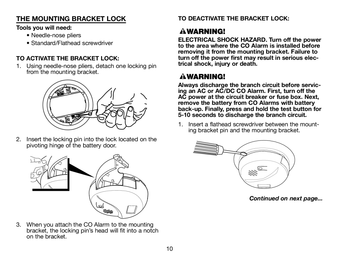 BRK electronic CO5120PDB user manual Mounting Bracket Lock, Tools you will need, To Activate the Bracket Lock 