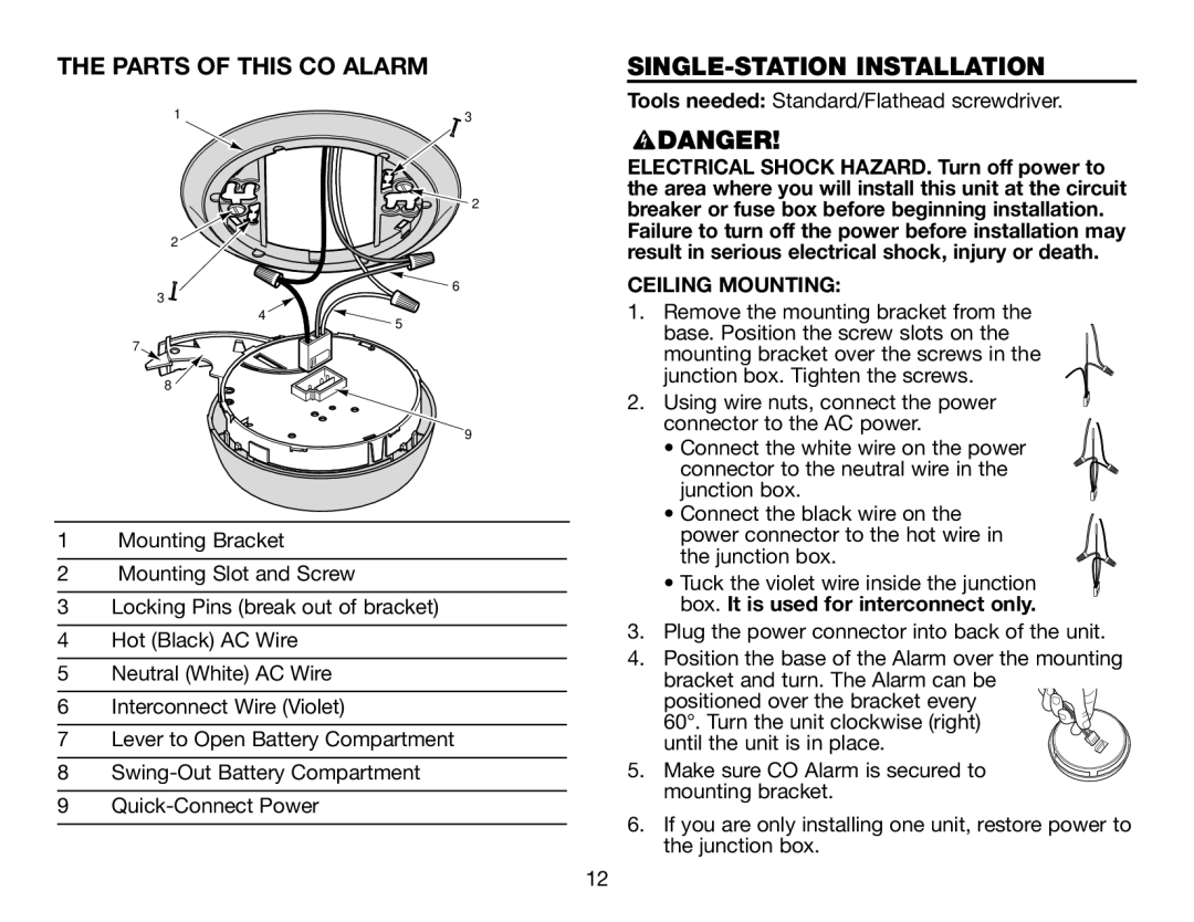 BRK electronic CO5120PDB user manual Parts of this CO Alarm, SINGLE-STATION Installation, Ceiling Mounting 