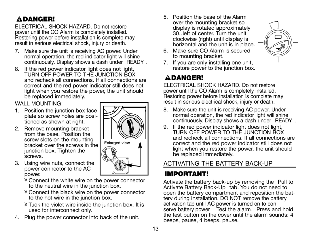 BRK electronic CO5120PDB user manual Activating the Battery BACK-UP, Wall Mounting 