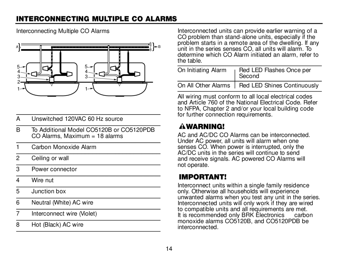 BRK electronic CO5120PDB user manual Interconnecting Multiple CO Alarms 