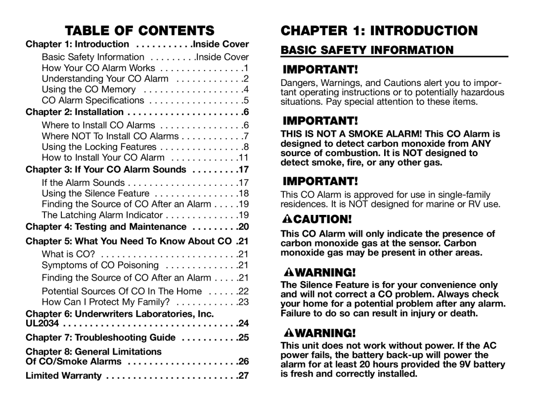 BRK electronic CO5120PDB user manual Table of Contents, Introduction 