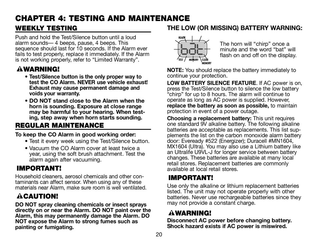 BRK electronic CO5120PDB Testing and Maintenance, Weekly Testing, Regular Maintenance, LOW or Missing Battery Warning 