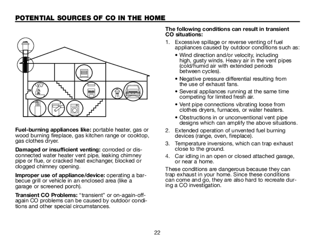 BRK electronic CO5120PDB Potential Sources of CO in the Home, Following conditions can result in transient CO situations 