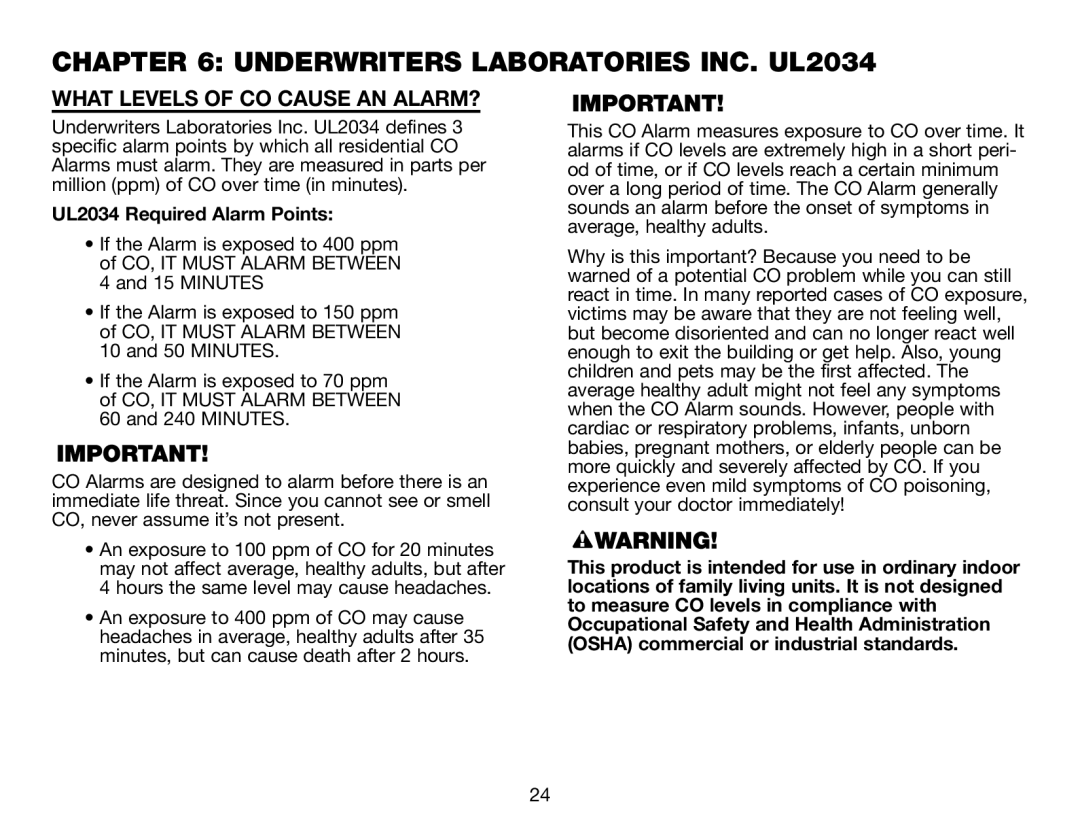 BRK electronic CO5120PDB user manual Underwriters Laboratories INC. UL2034, What Levels of CO Cause AN ALARM? 