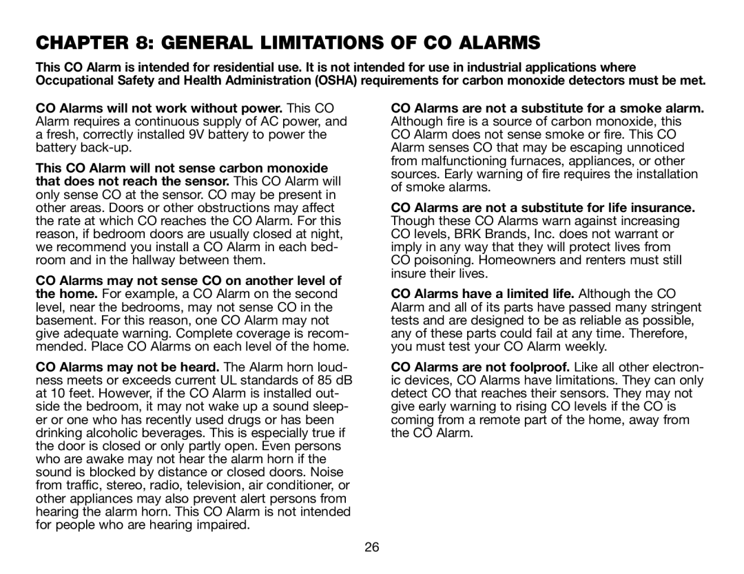 BRK electronic CO5120PDB user manual General Limitations of CO Alarms 