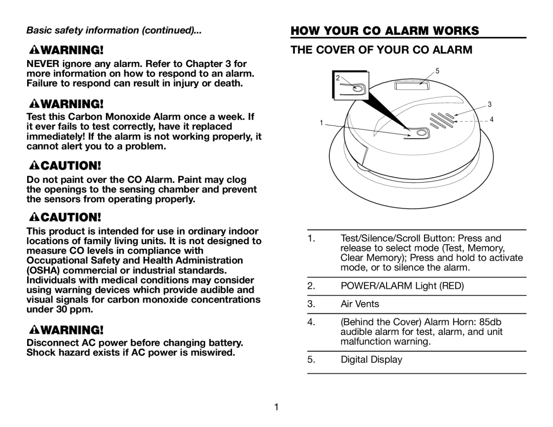 BRK electronic CO5120PDB user manual HOW Your CO Alarm Works Cover of Your CO Alarm, Basic safety information 