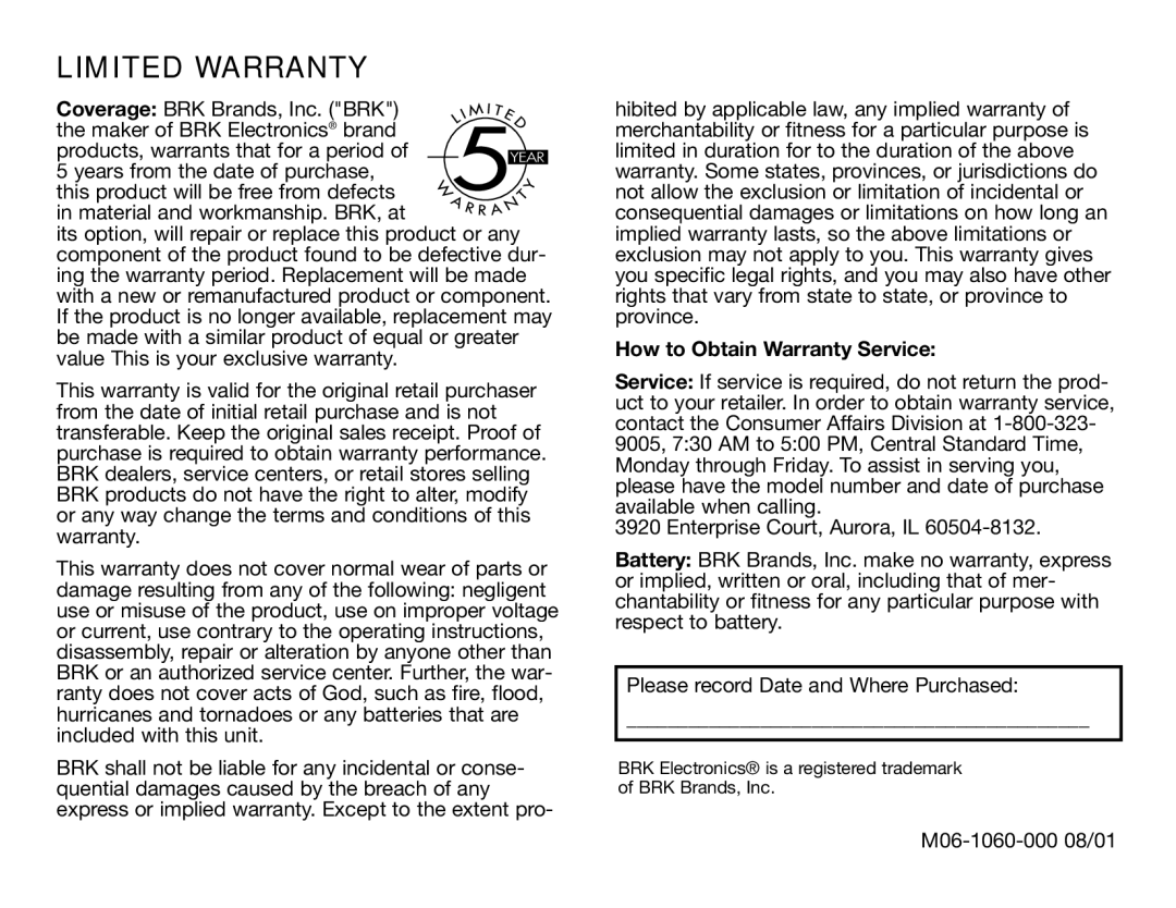 BRK electronic CO5120PDB user manual Limited Warranty, How to Obtain Warranty Service 