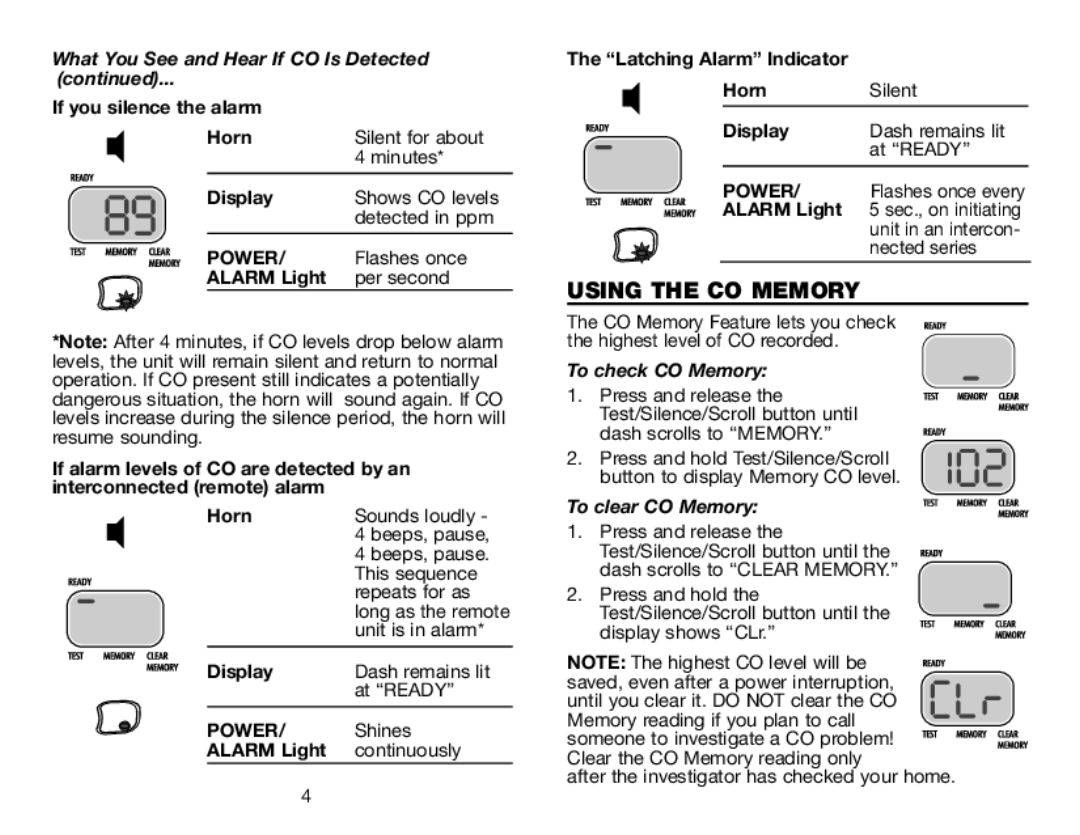 BRK electronic CO5120PDB Using the CO Memory, What You See and Hear If CO Is Detected, If you silence the alarm Horn 