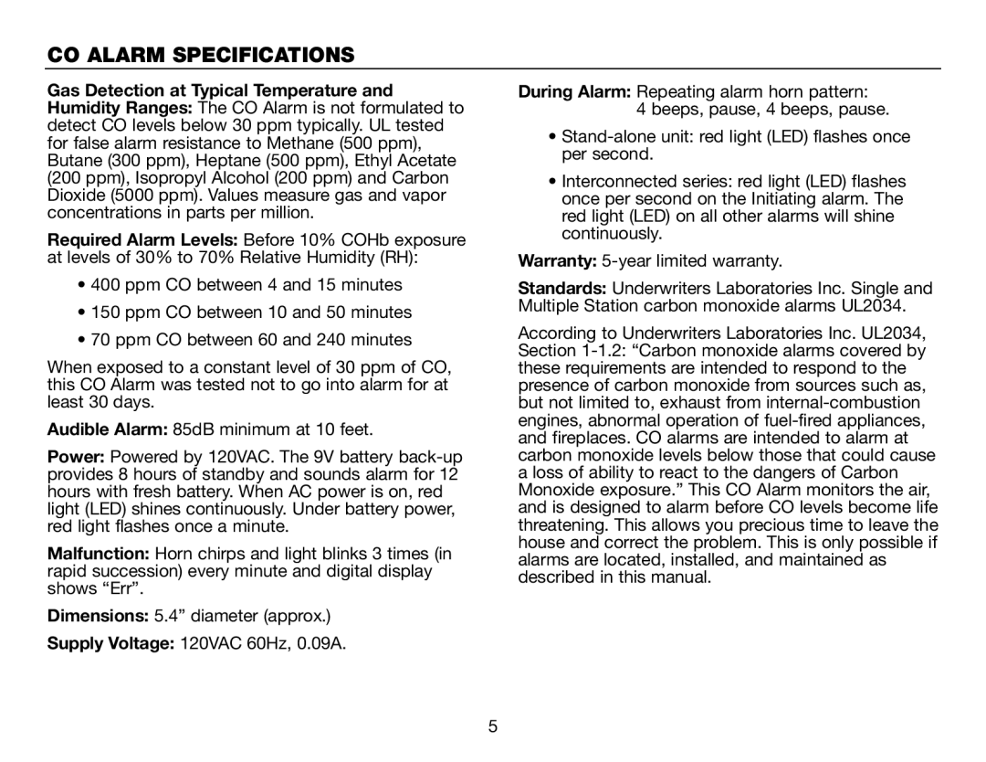 BRK electronic CO5120PDB user manual CO Alarm Specifications 